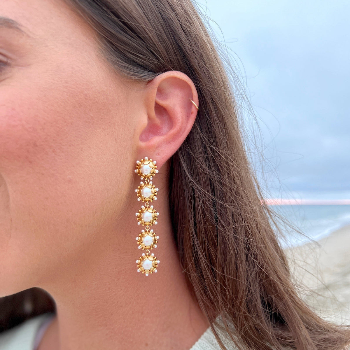 Woman wearing Perla Earrings by Gresham Jewelry