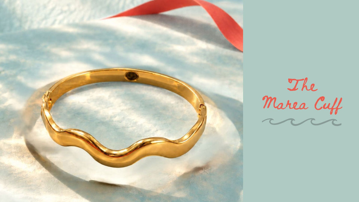Marea bracelet on fabric beside a product name graphic