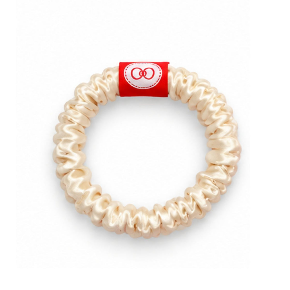 Off-white scrunchie with a red Gresham logo tab