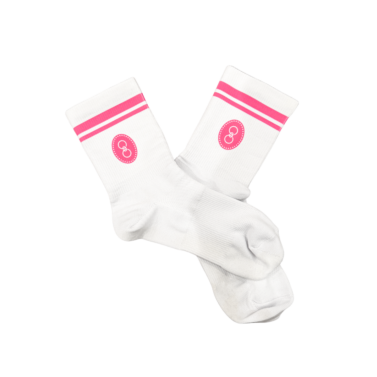 White GJ crew socks with pink stripes and logos