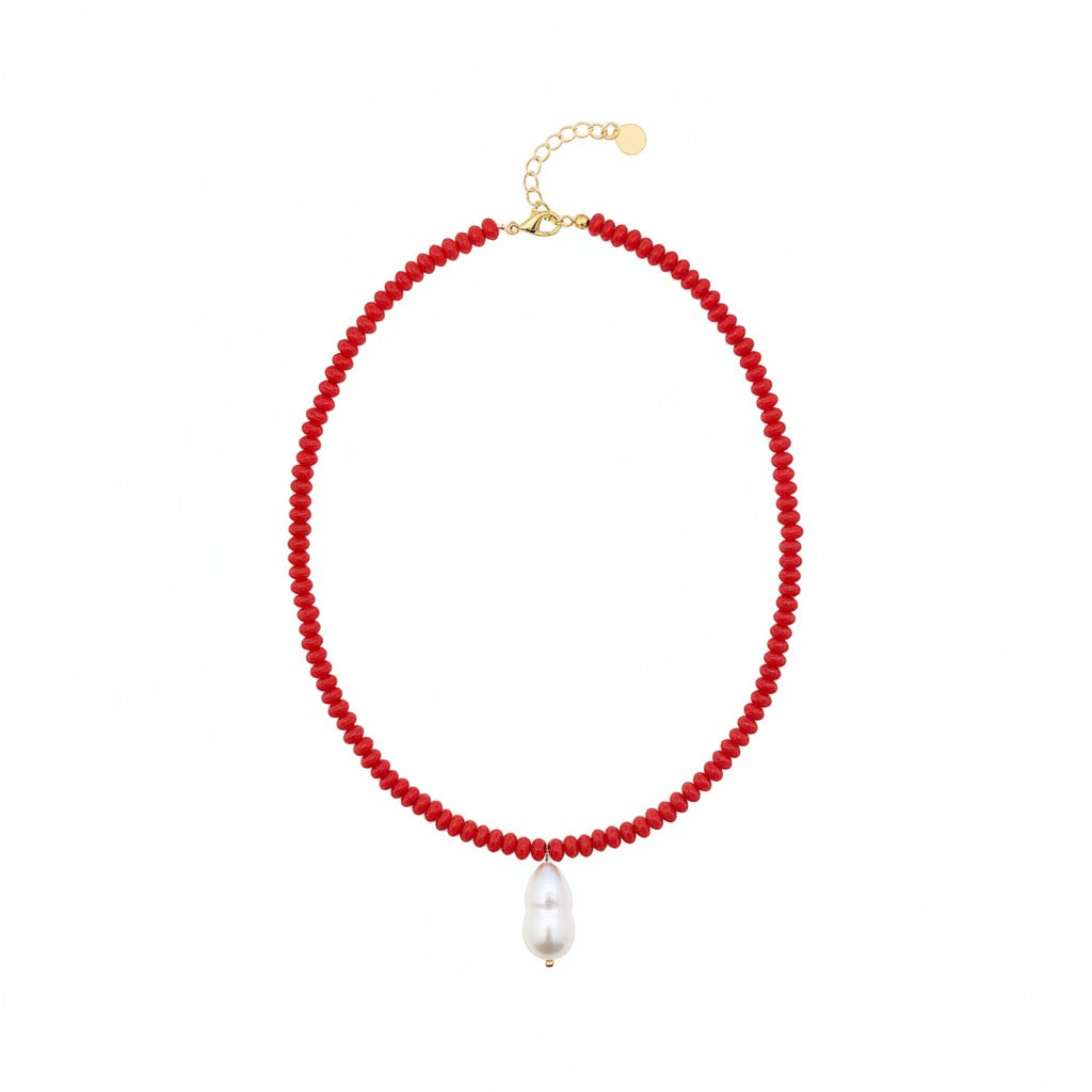 Red Salerno beaded necklace with a pearl drop