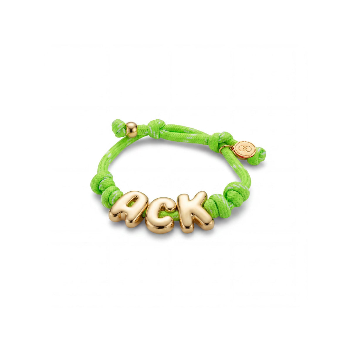 Lime green paracord bracelet with gold ACK letters