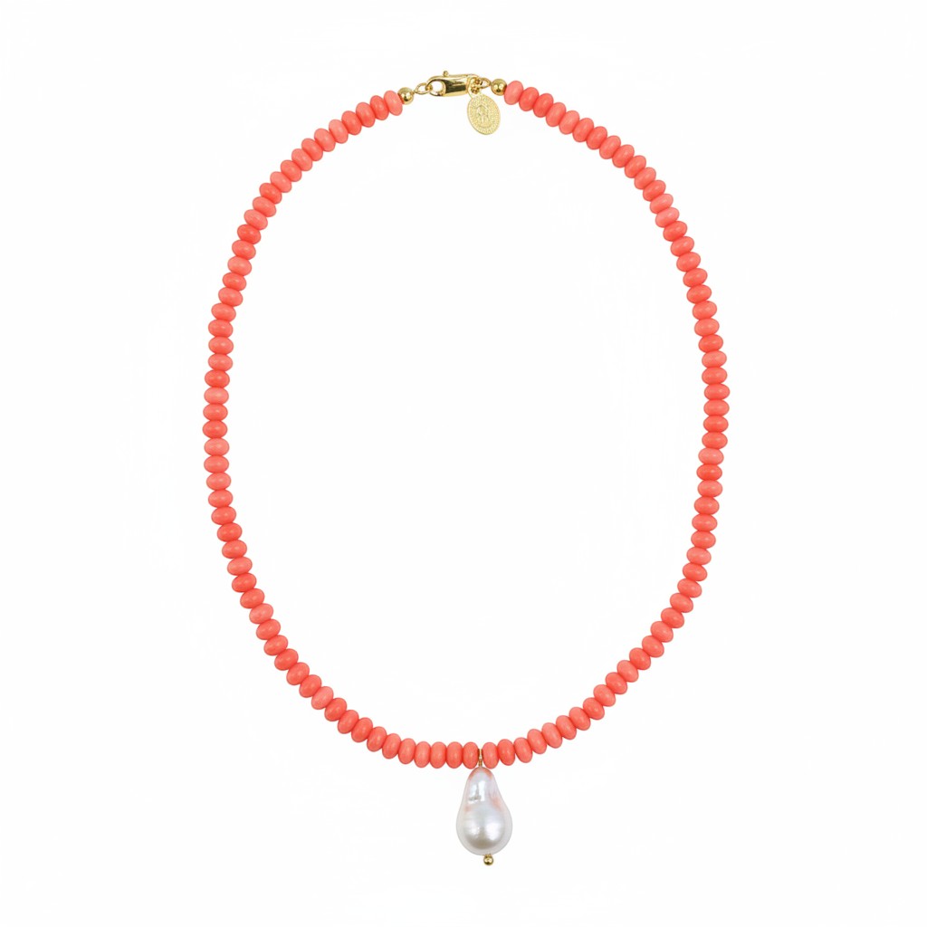 Coral colored Salerno beaded necklace with a pearl drop