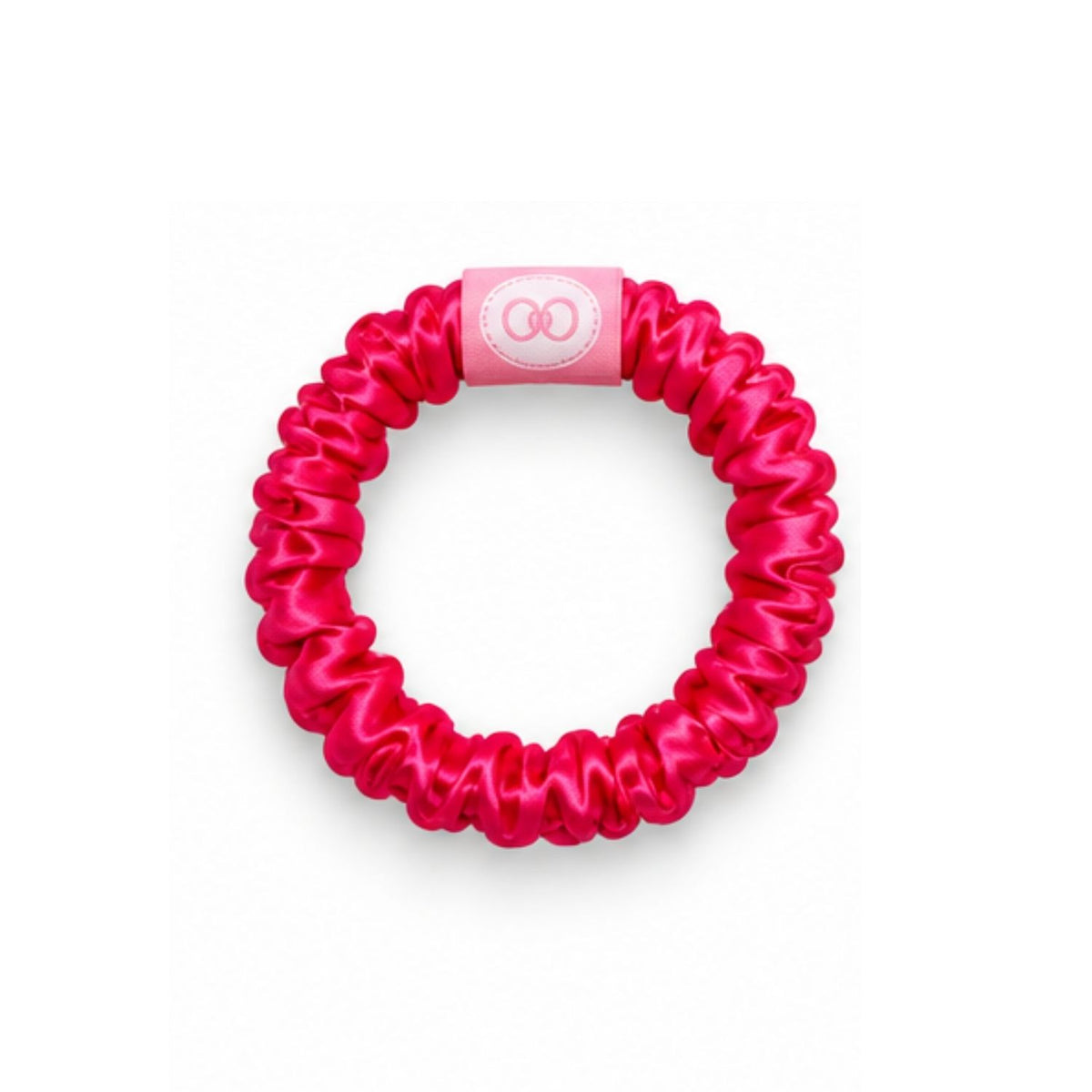 Hot pink scrunchie with a pink logo tab