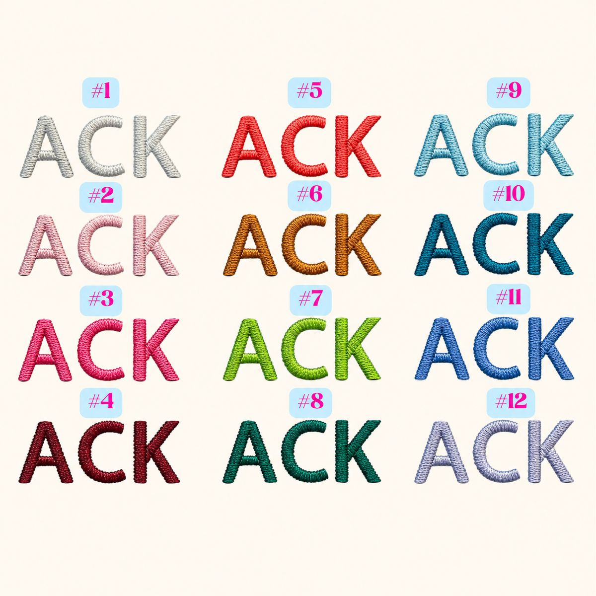 ACK lettering samples in assorted fabric and thread color combinations