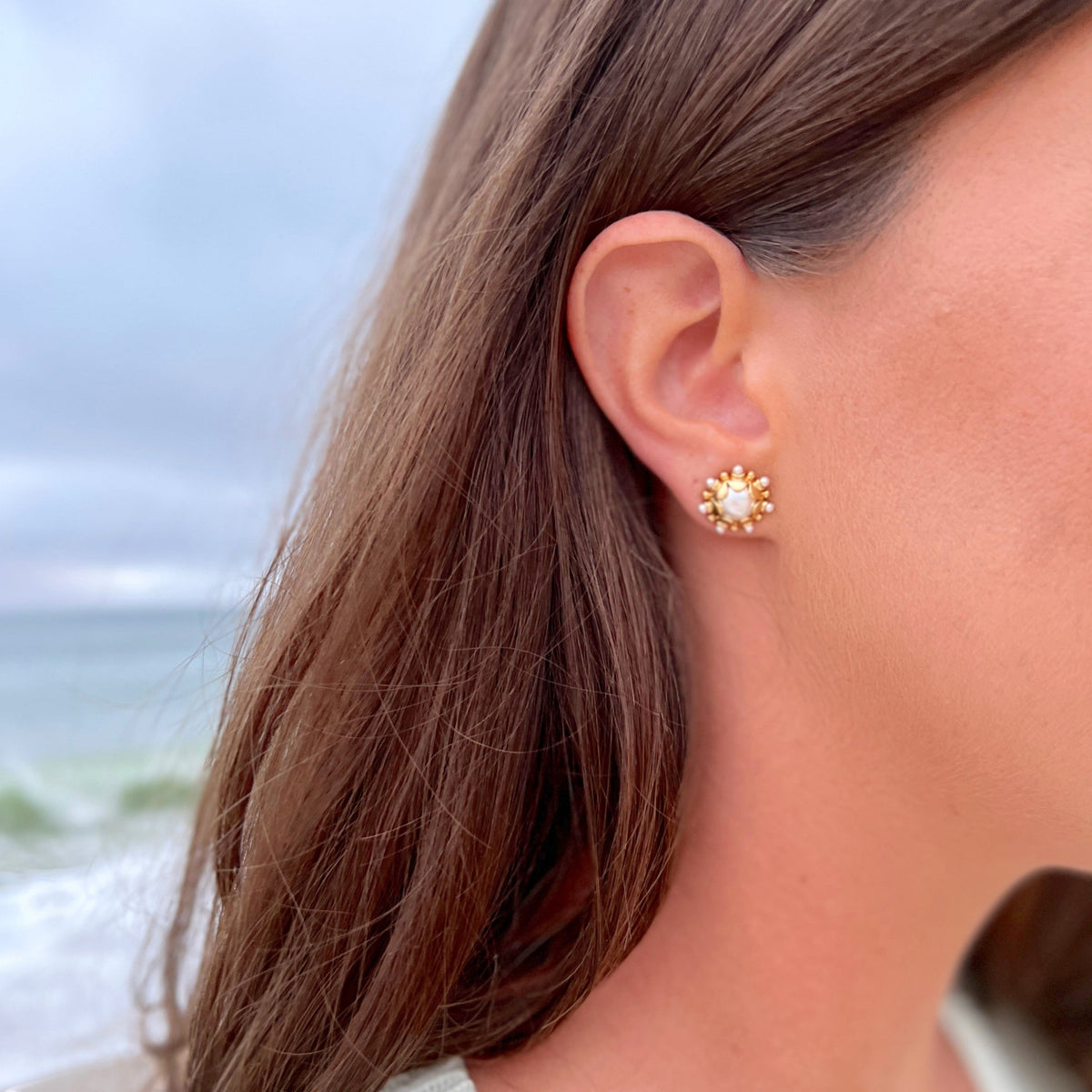 Woman wearing Perla Studs - Pearl by Gresham Jewelry