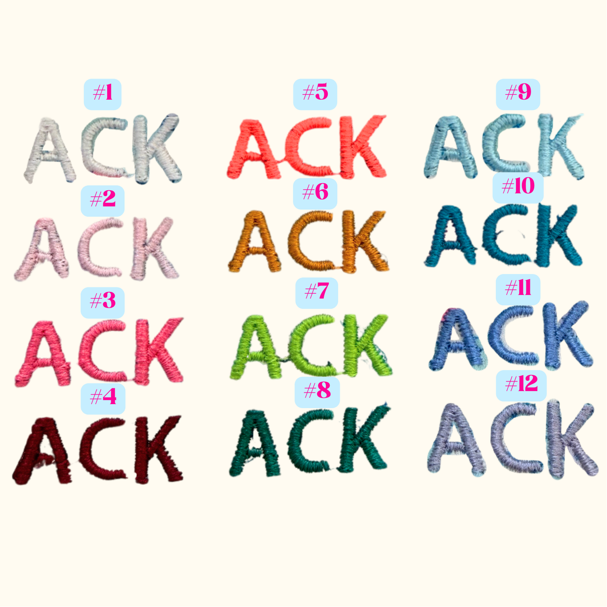 ACK lettering samples in assorted colors