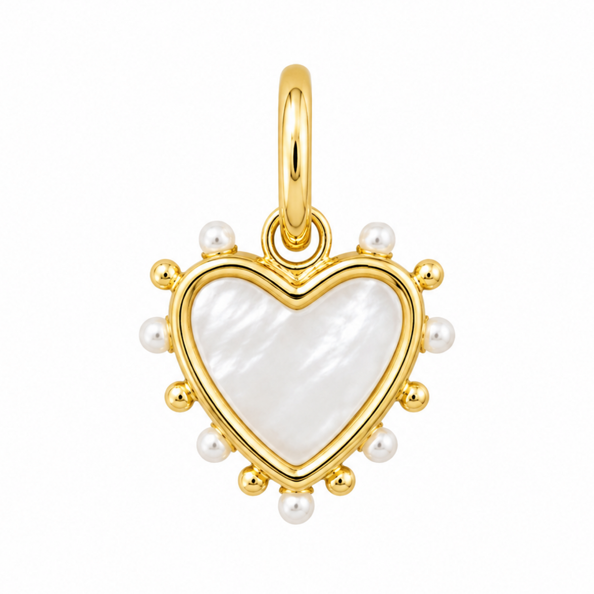 White mother of pearl Amore heart charm with gold border and bail