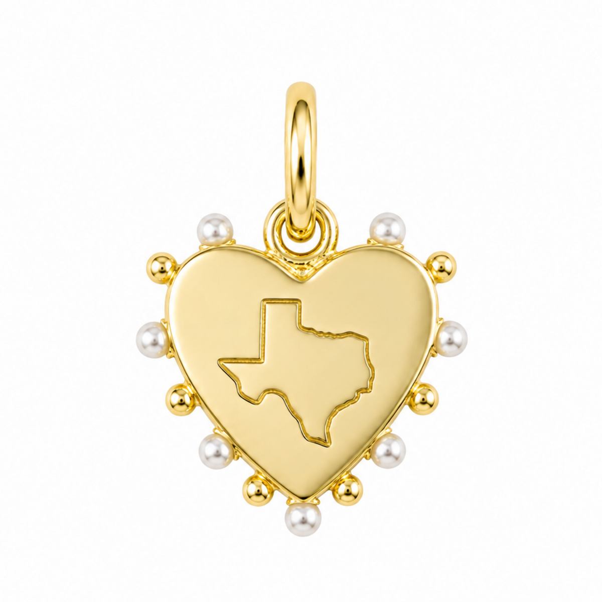 Gold Amore heart charm with a Texas outline and pearl accents