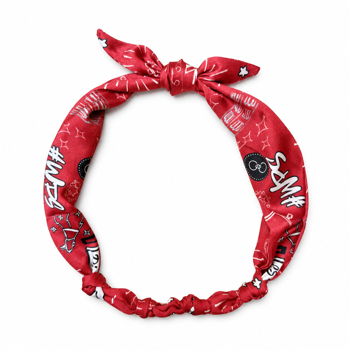 Red Arkansas printed scarf tied in a necklace loop