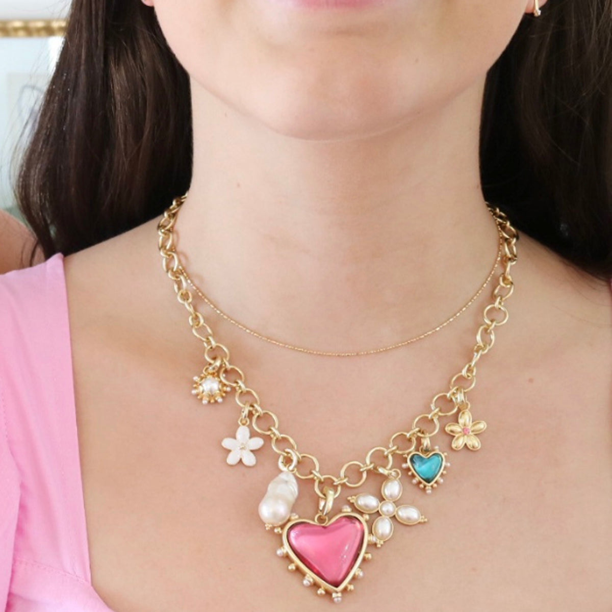 Woman wearing Custom Charm Catena Necklace by Gresham Jewelry