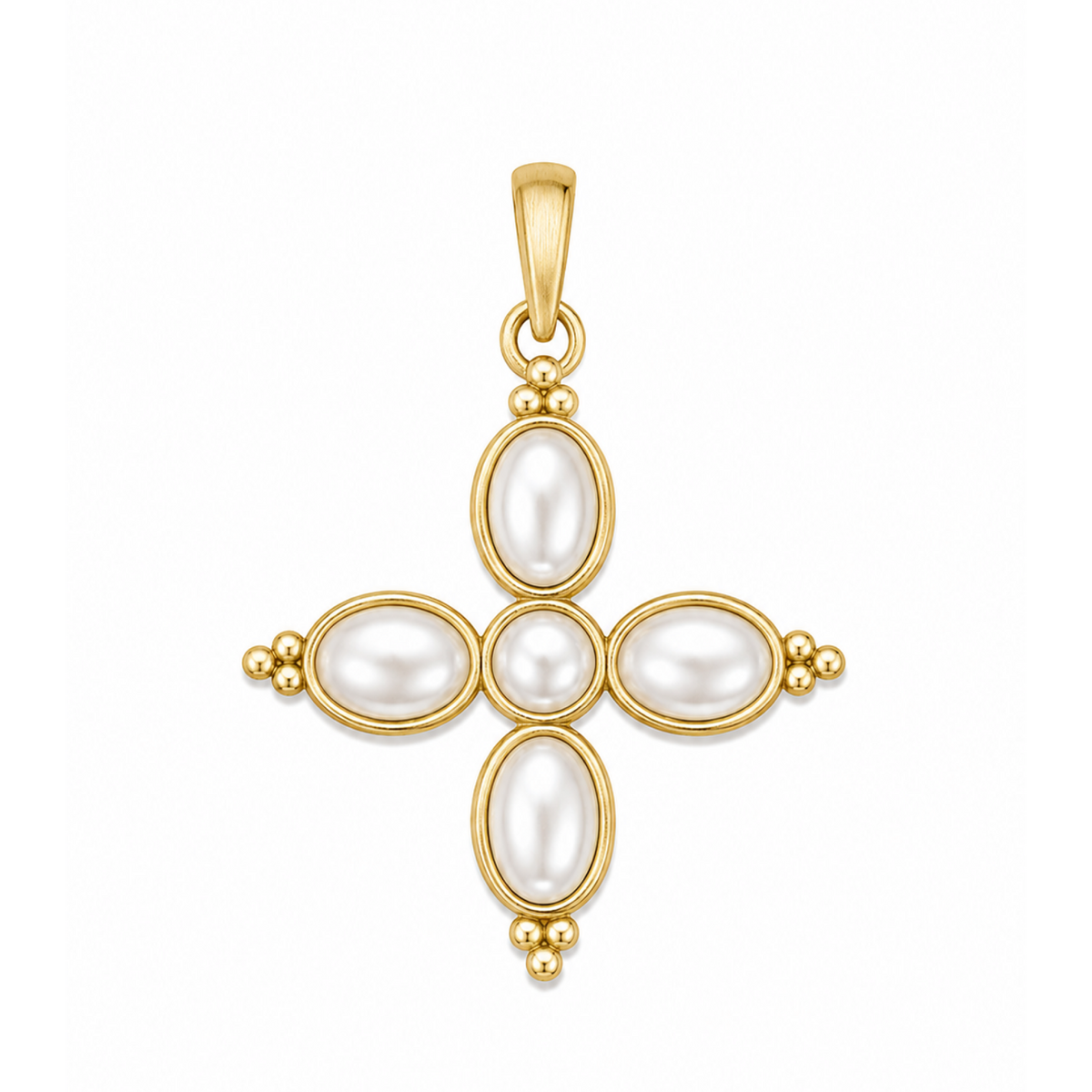 Constance cross charm with oval pearl details and a gold bail