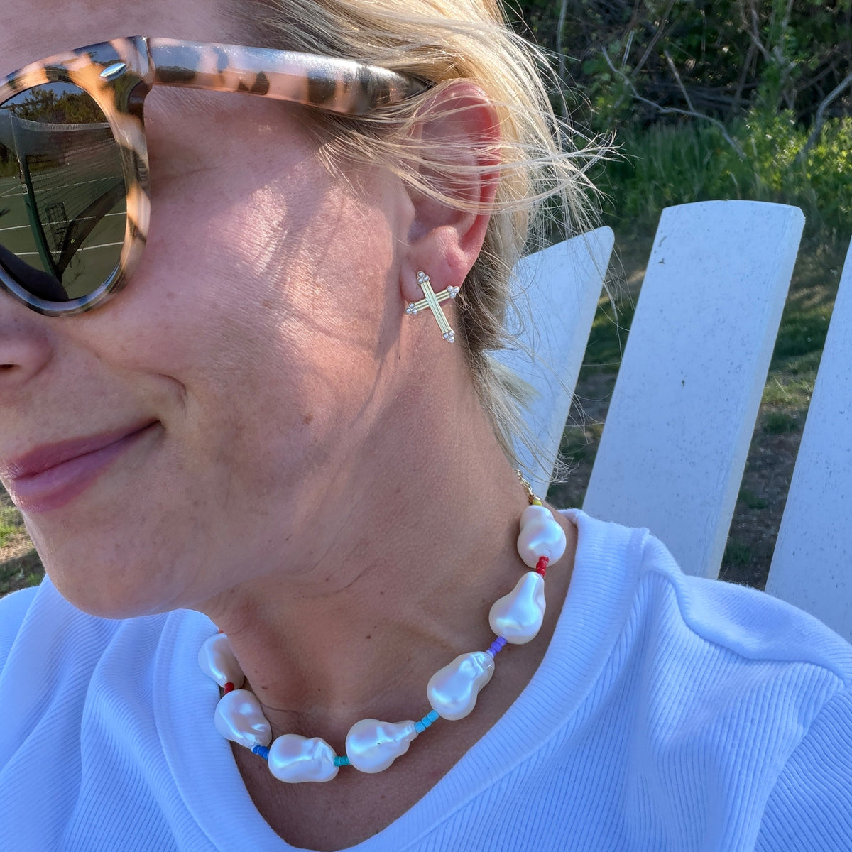 Woman wearing Grande Classica Studs by Gresham Jewelry