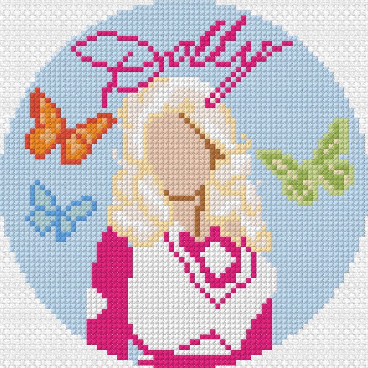 Round Dolly Parton needlepoint design with butterflies and Dolly lettering