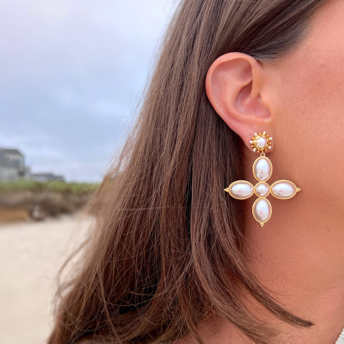 Woman wearing Grande Constance Earrings by Gresham Jewelry