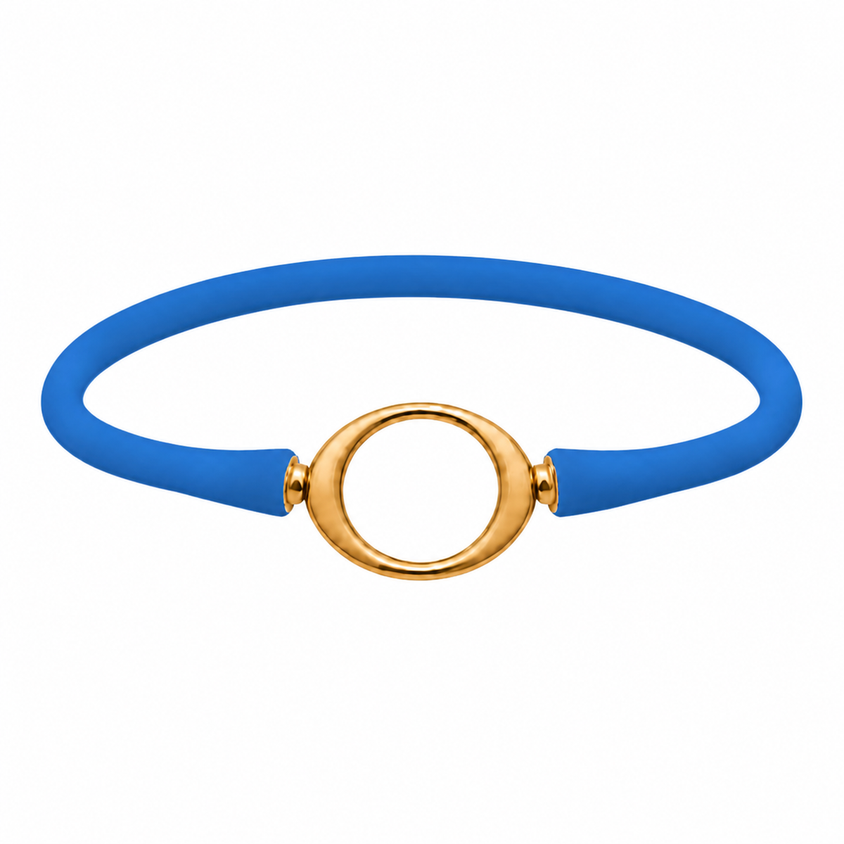Bright blue Ellipse silicone bracelet with a gold oval centerpiece