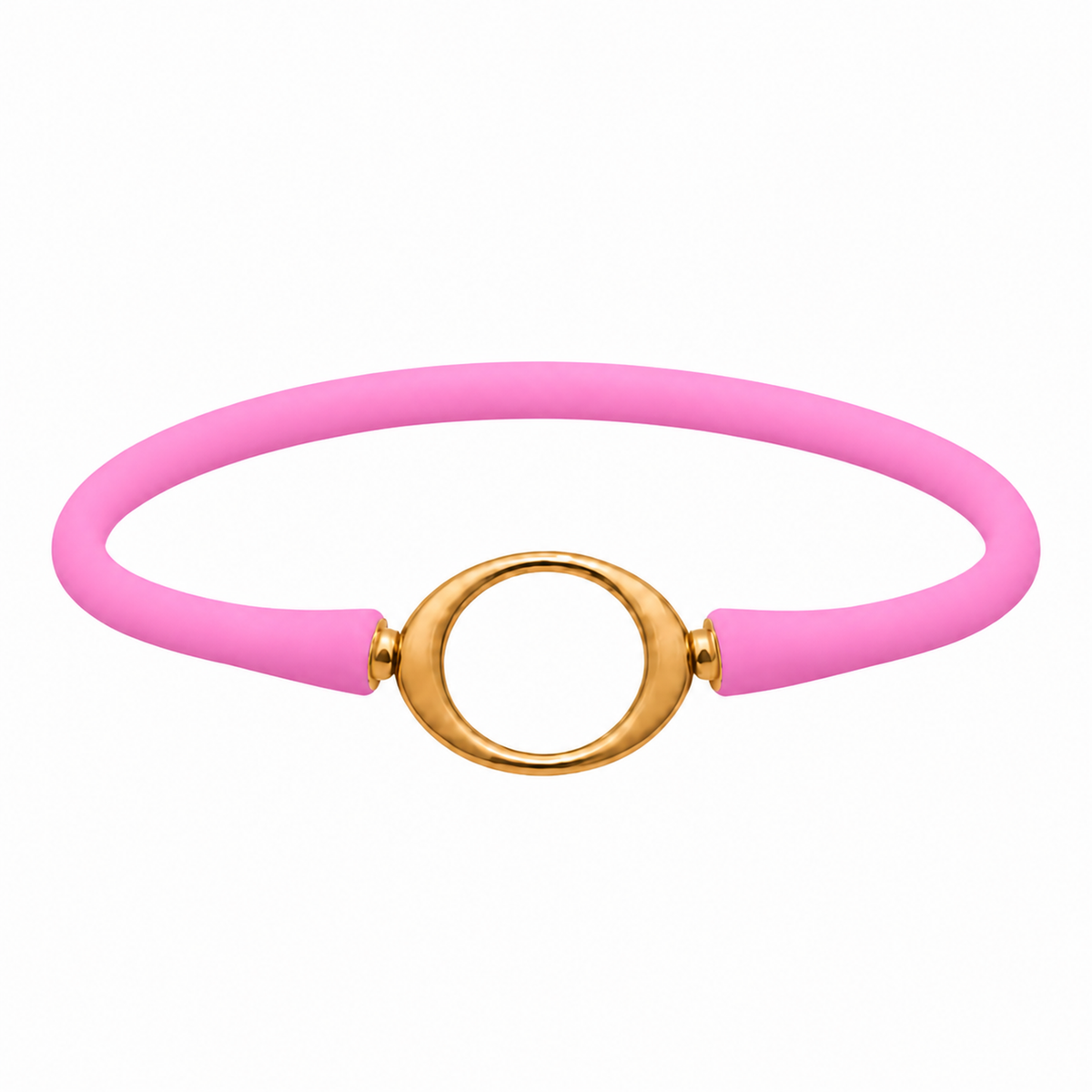Bubblegum pink Ellipse silicone bracelet with a gold oval centerpiece