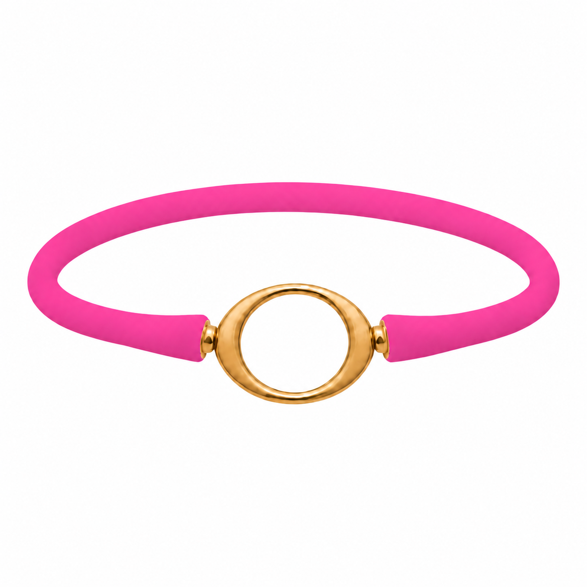 Hot pink Ellipse silicone bracelet with a gold oval centerpiece