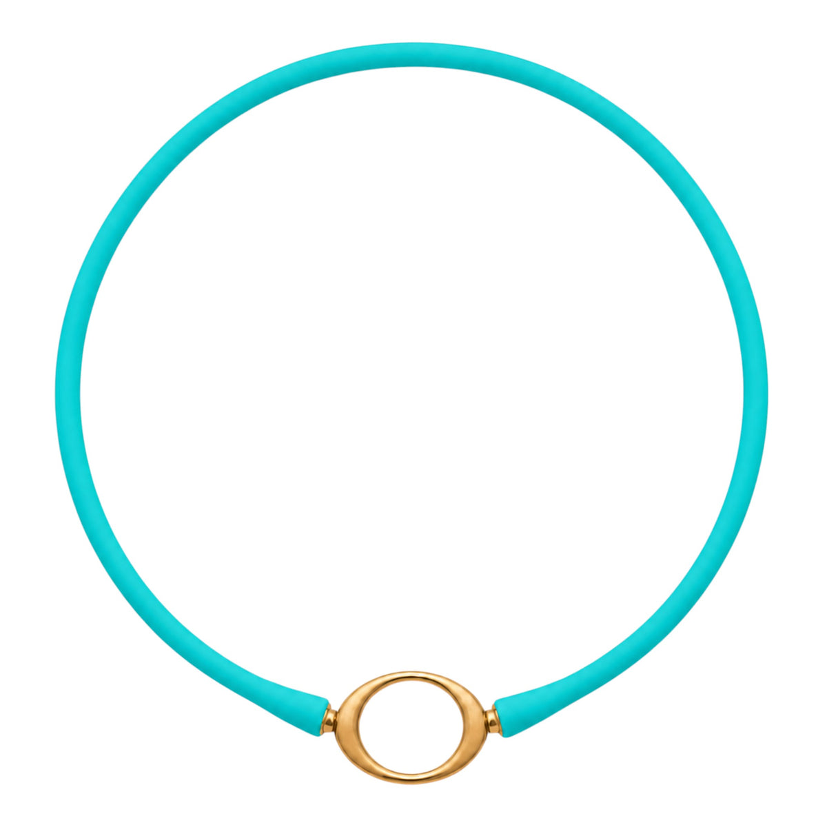 Aqua Ellipse silicone necklace with a gold oval centerpiece