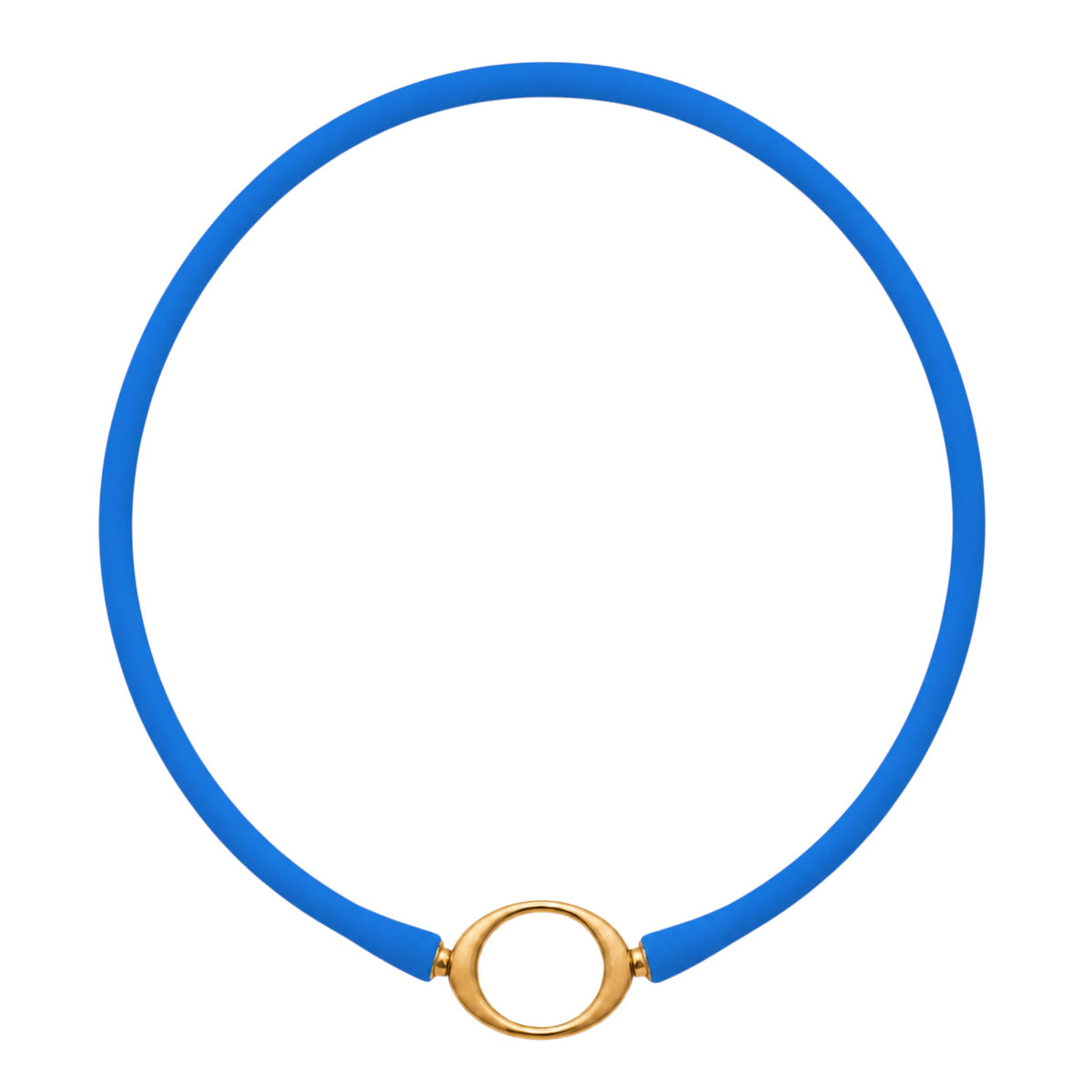 Bright blue Ellipse silicone necklace with a gold oval centerpiece