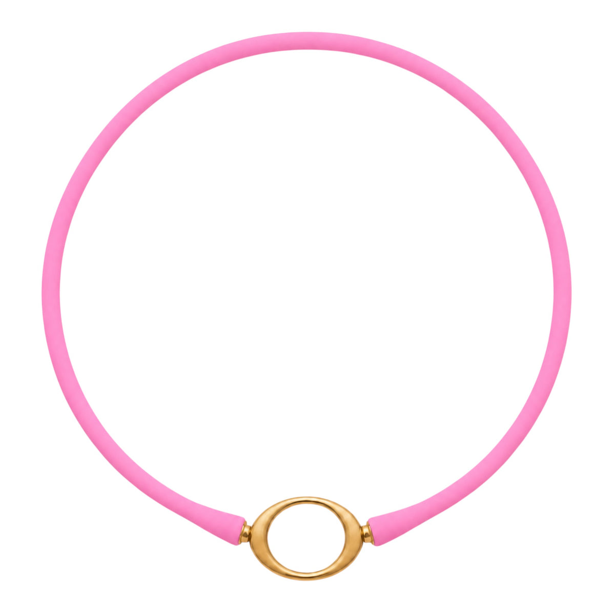 Bubblegum pink Ellipse silicone necklace with a gold oval centerpiece