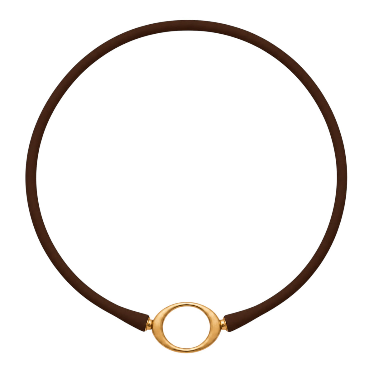 Chocolate Ellipse silicone necklace with a gold oval centerpiece