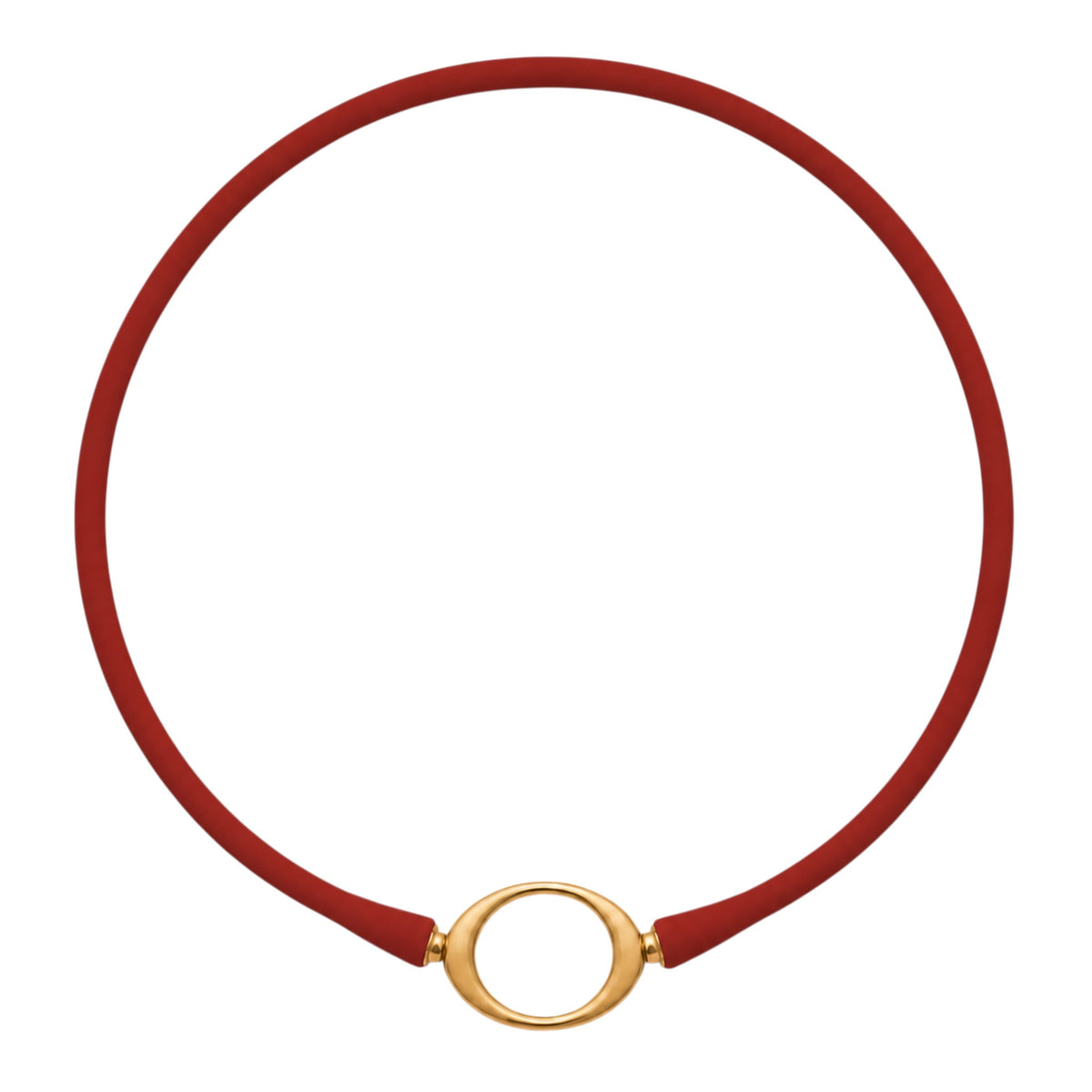 Crimson Ellipse silicone necklace with a gold oval centerpiece