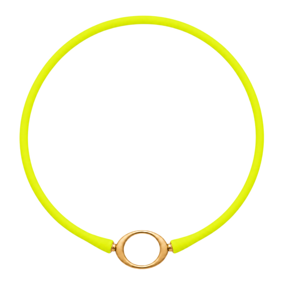 Fluorescent chartreuse Ellipse silicone necklace with a gold oval centerpiece