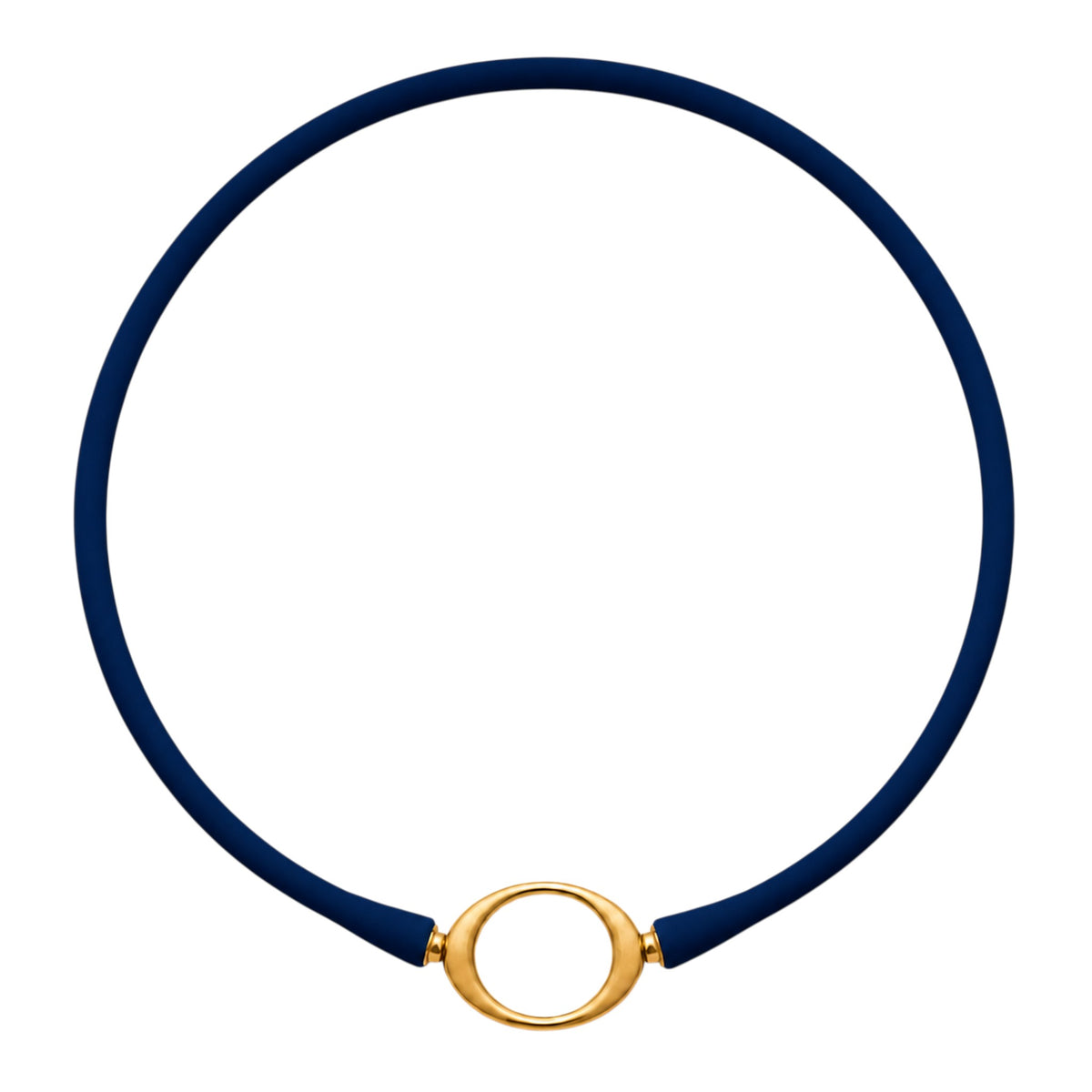 Navy Ellipse silicone necklace with a gold oval centerpiece