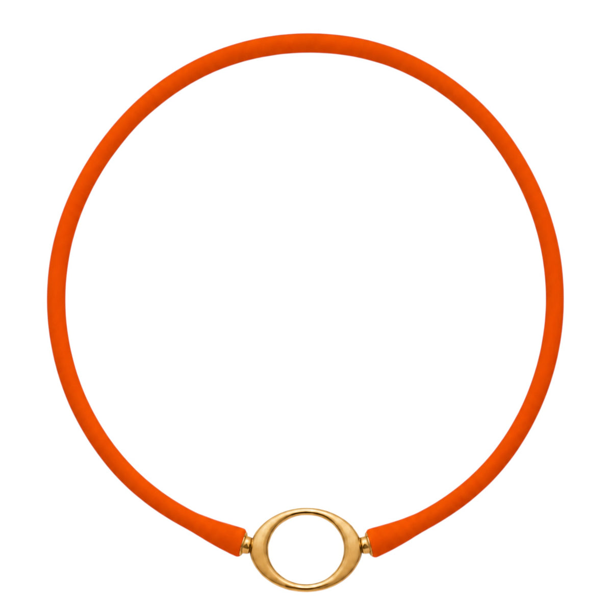 Tangerine Ellipse silicone necklace with a gold oval centerpiece