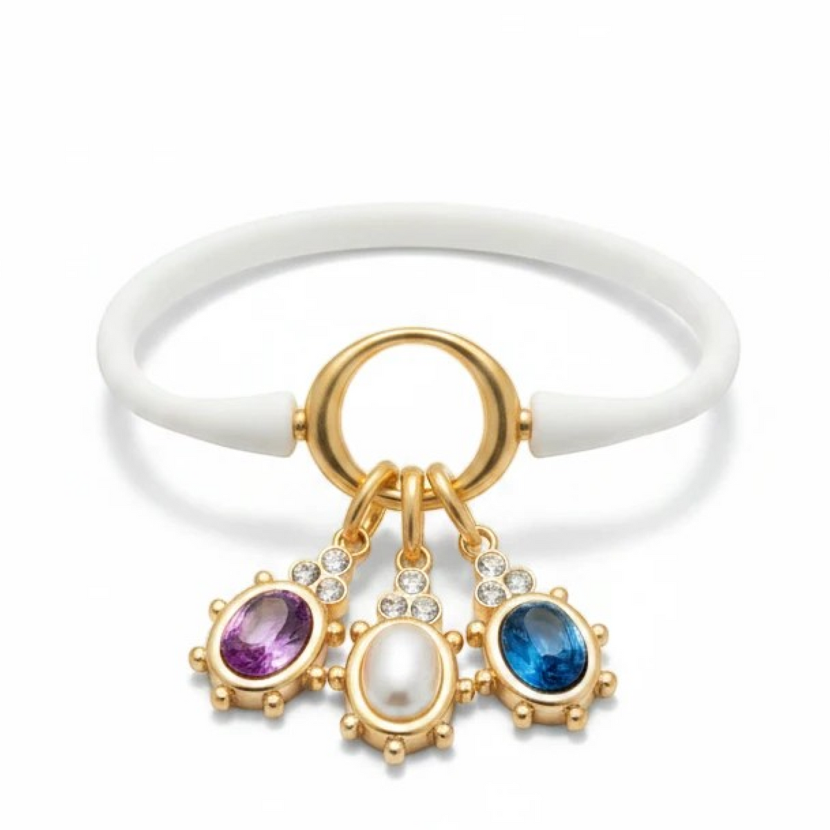 White Ellipse silicone bracelet styled with several dangling charms