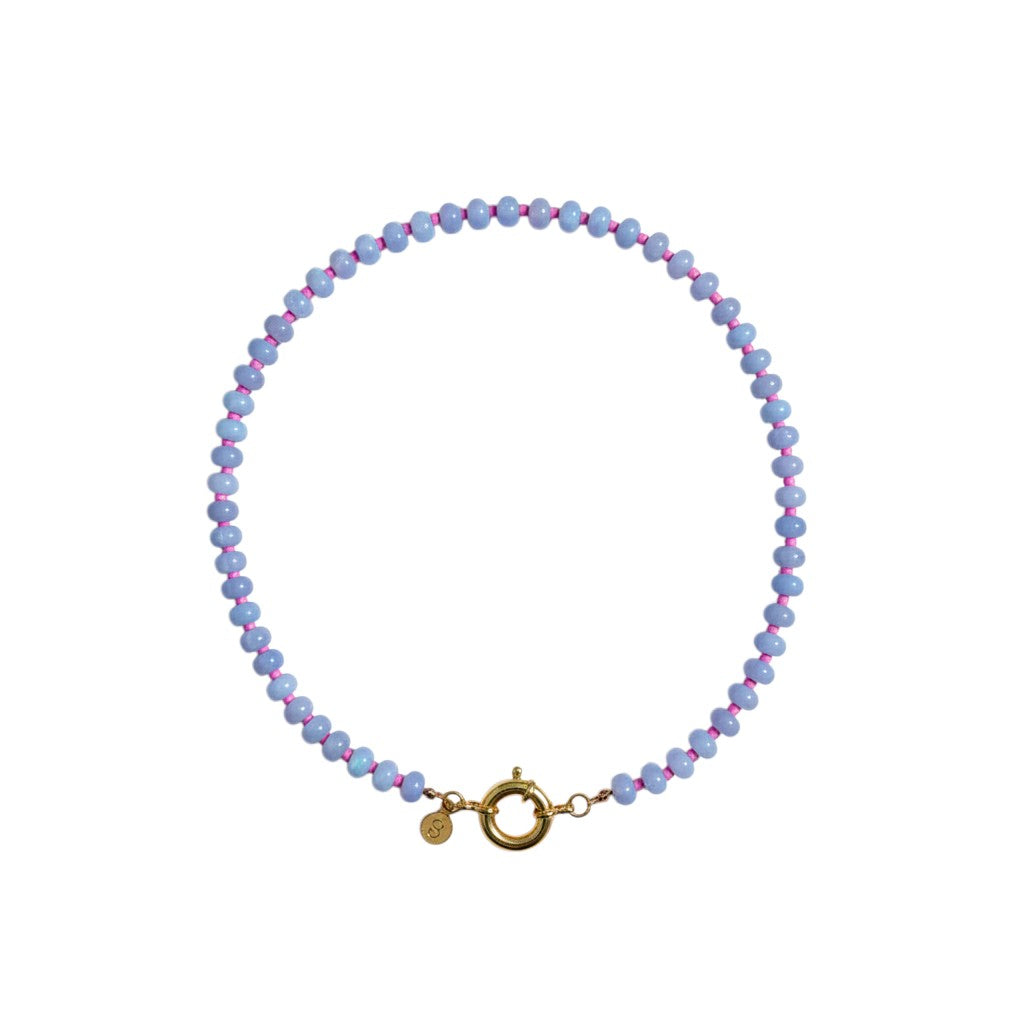 Periwinkle Gioia beaded necklace with a gold clasp
