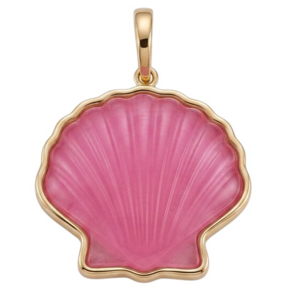 Pink Grande Peregrina scallop shell pendant with a gold border