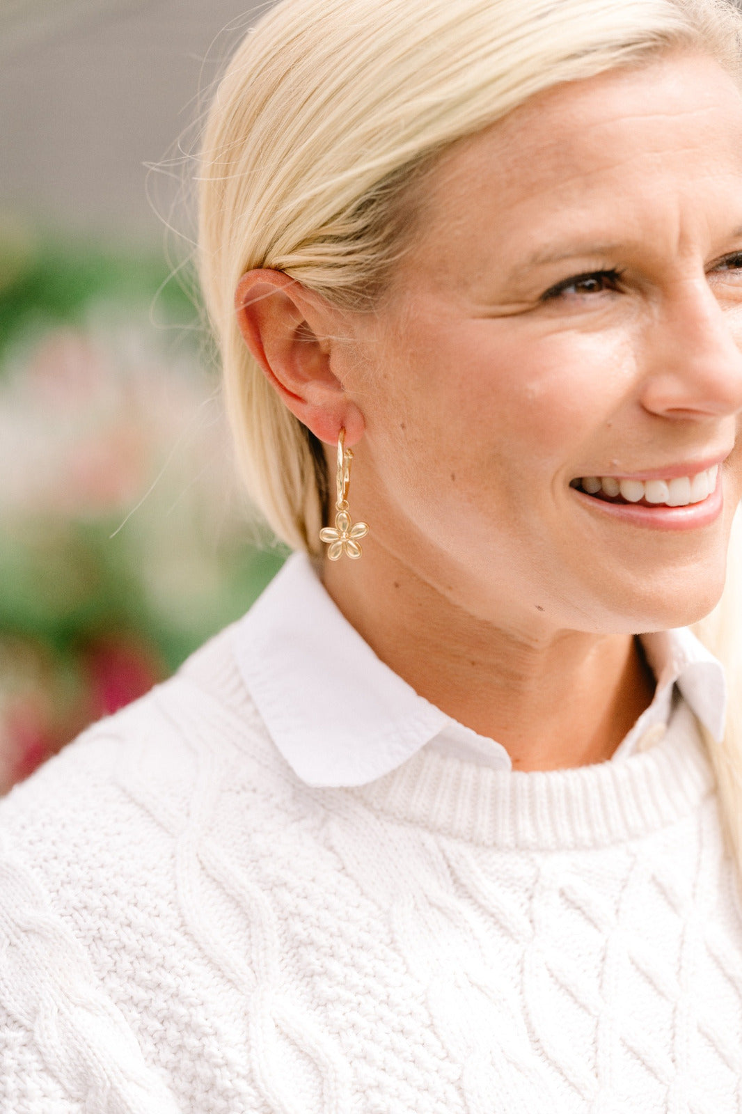 Custom Charm Mia Hoop Earring styled on a model