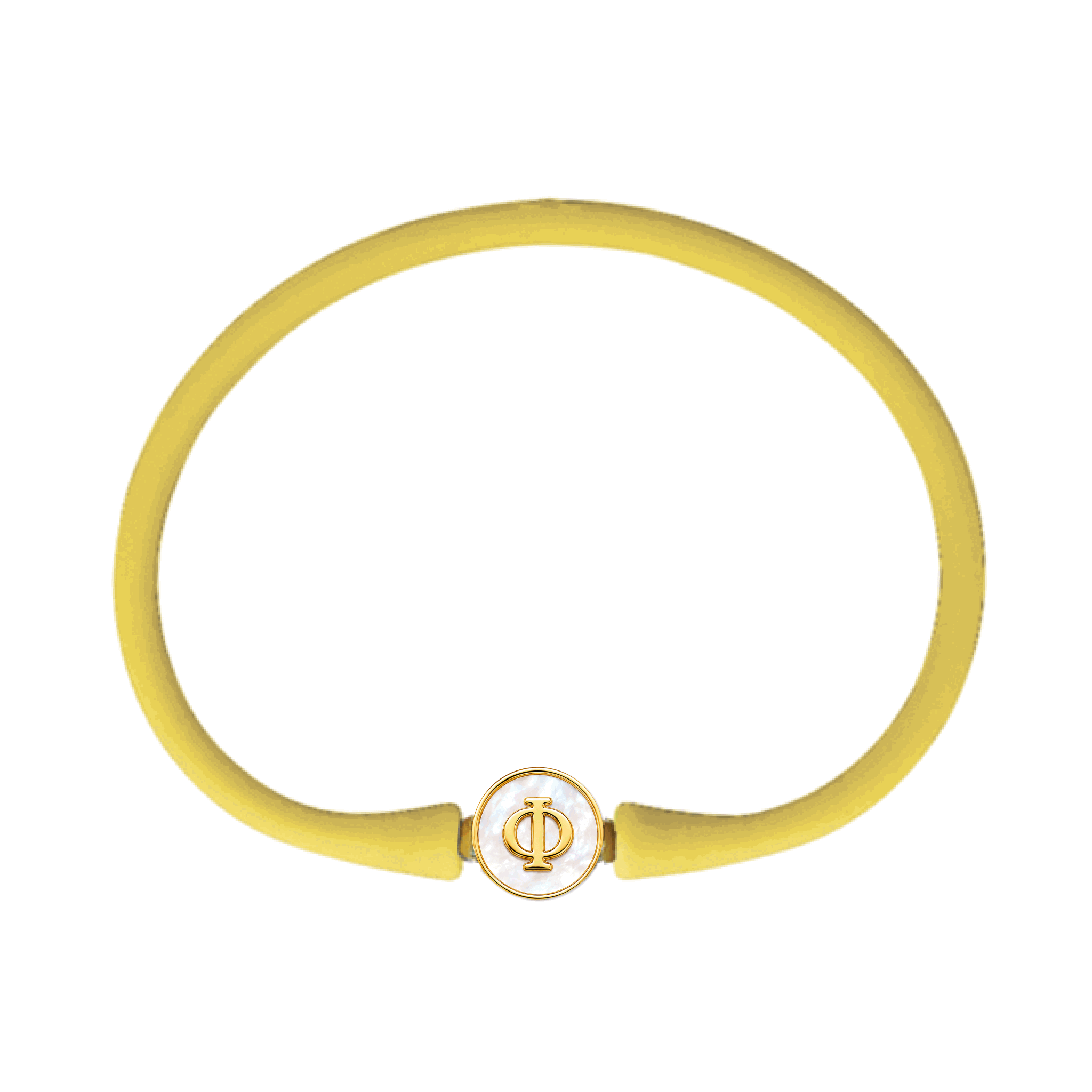 Yellow silicone bracelet with a round gold and white centerpiece