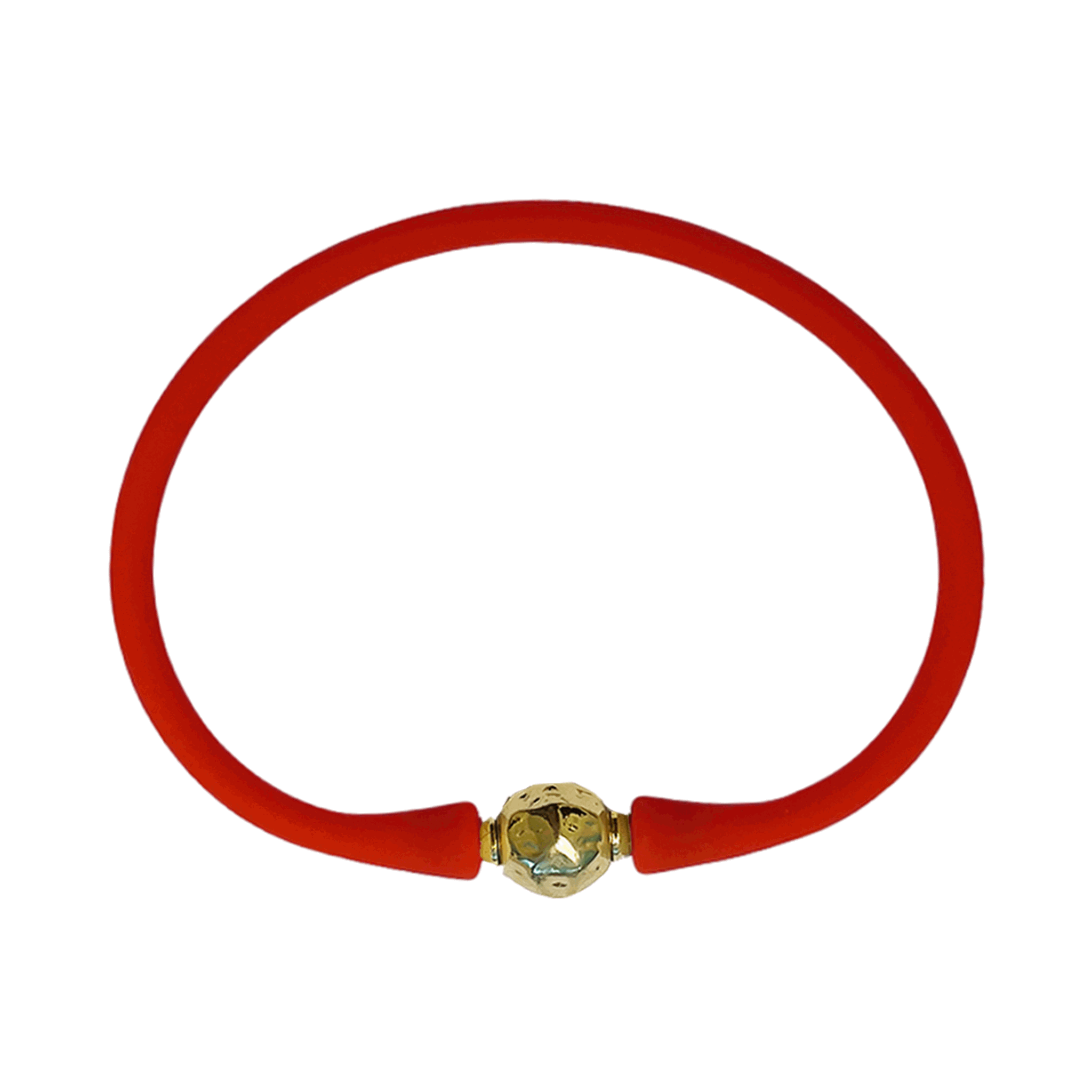 Red silicone bracelet with a gold ball centerpiece