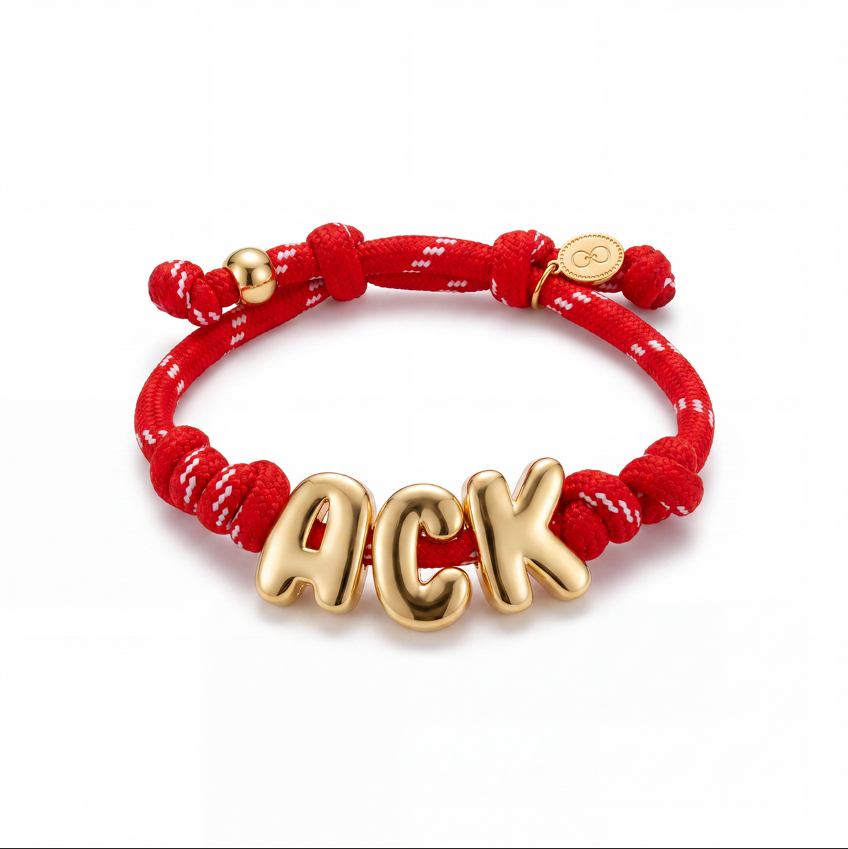 Red paracord bracelet with gold ACK letters
