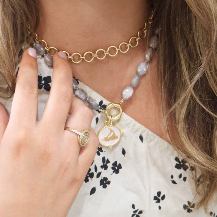 Woman wearing Nantucket Pendant by Gresham Jewelry