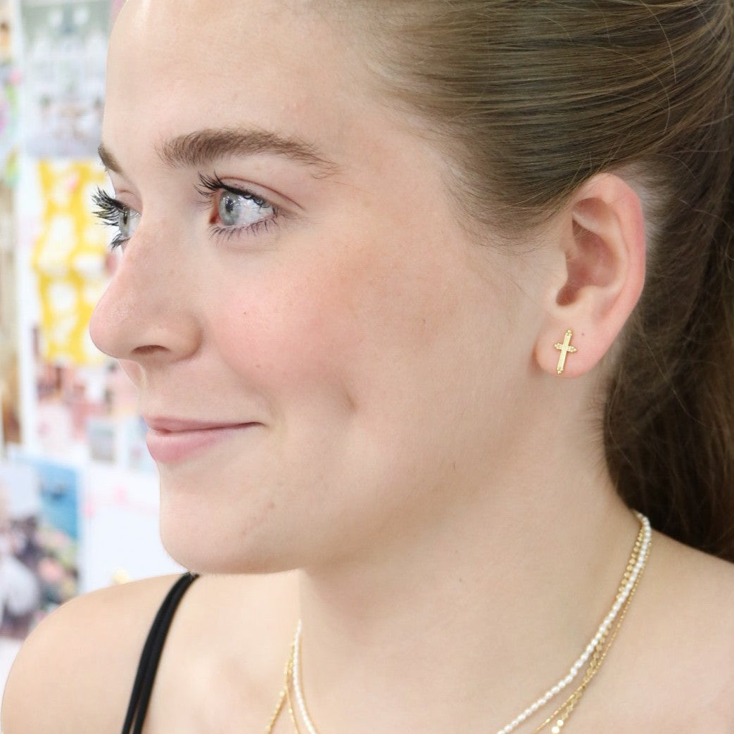 Woman wearing Classica Studs by Gresham Jewelry