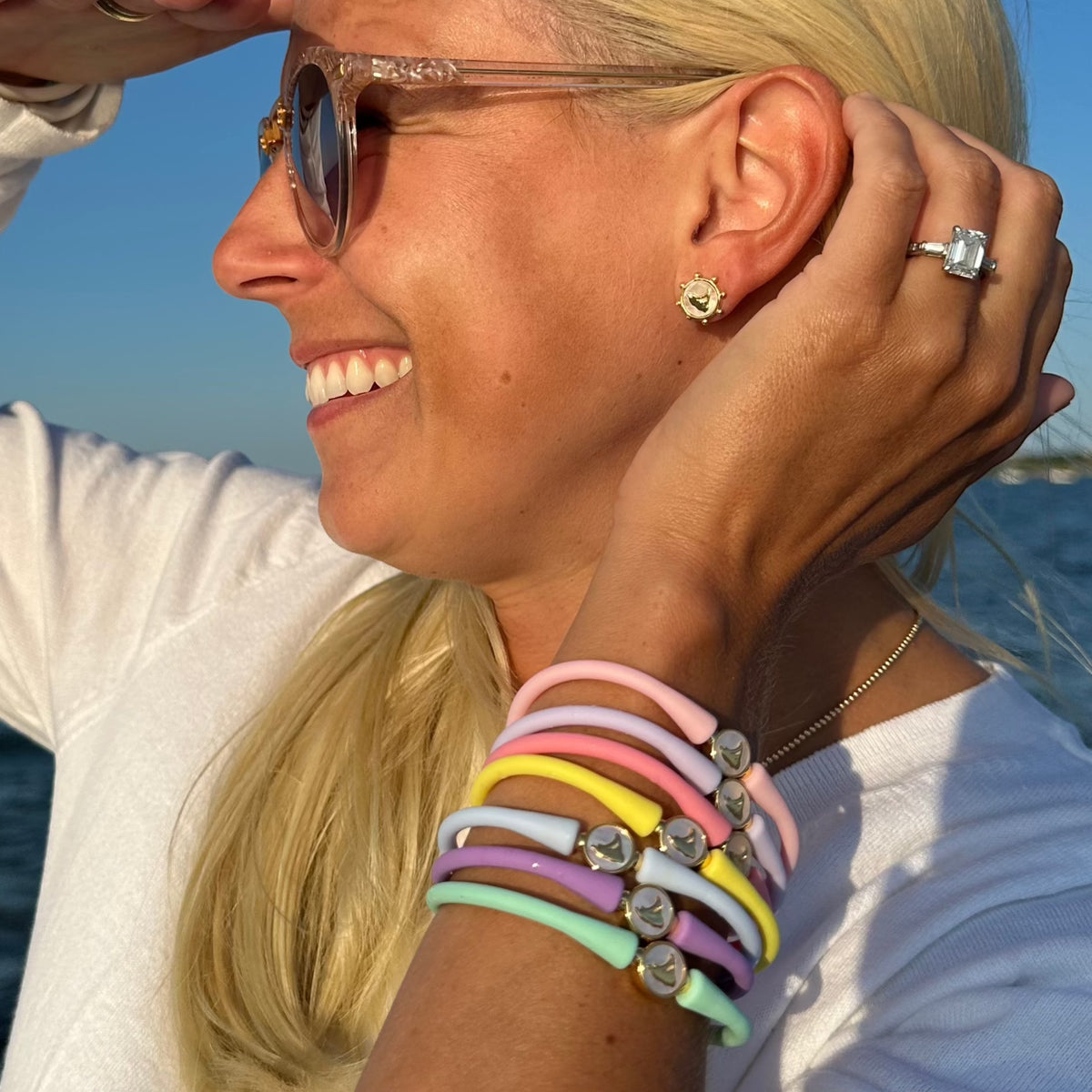Woman wearing Nantucket Studs by Gresham Jewelry