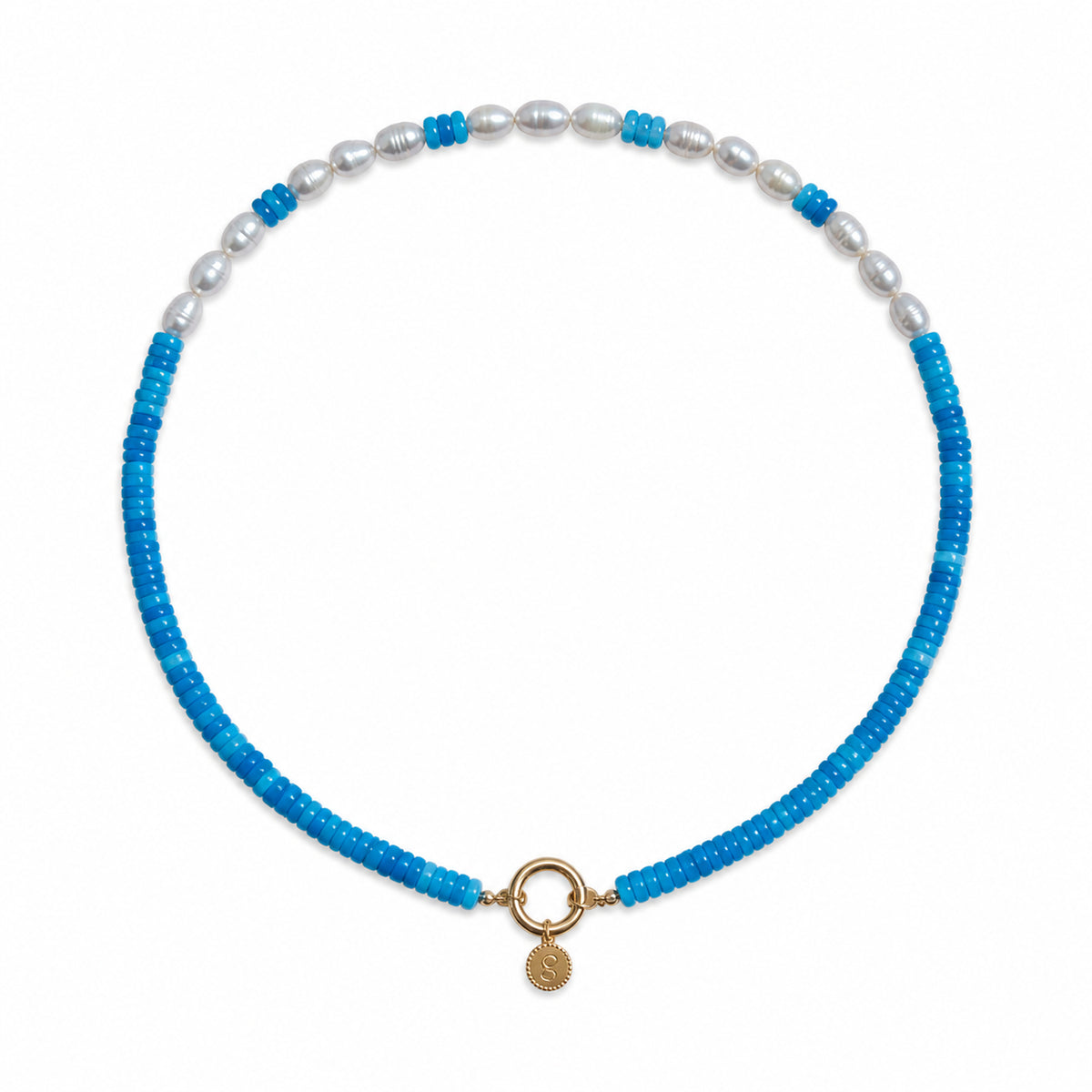 Ocean blue Isola beaded necklace with a gold clasp