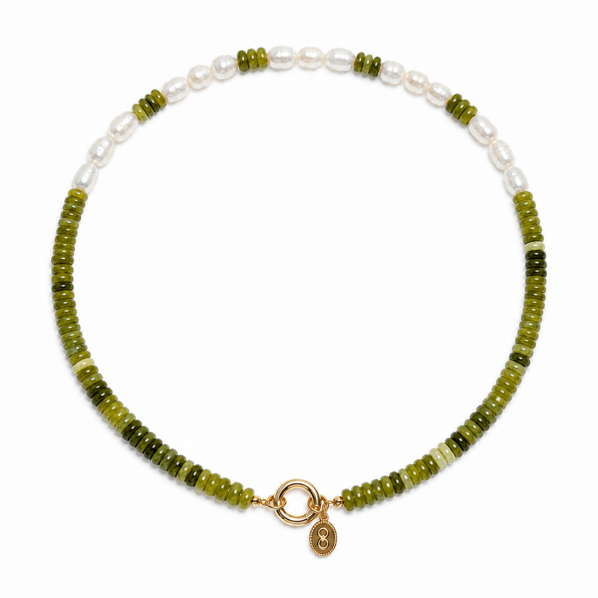 Olive green Isola beaded necklace with a gold clasp