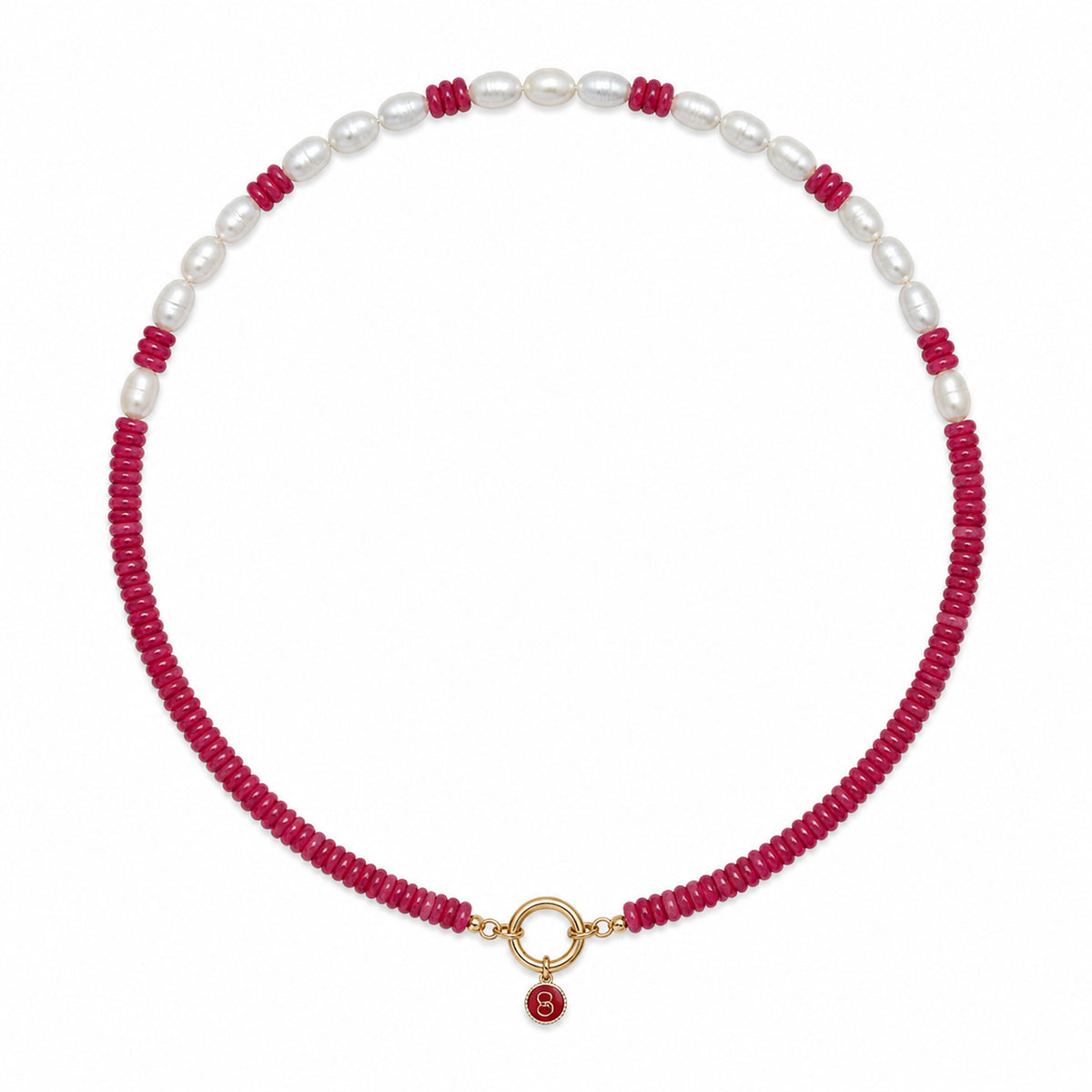 Ruby colorway Isola beaded necklace with a gold clasp