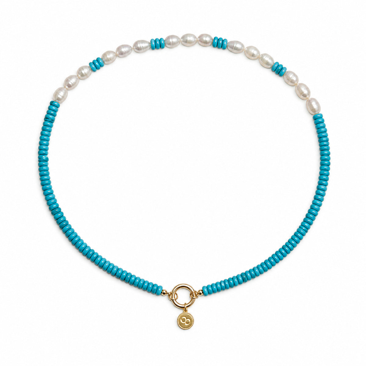 Turquoise colorway Isola beaded necklace with a gold clasp