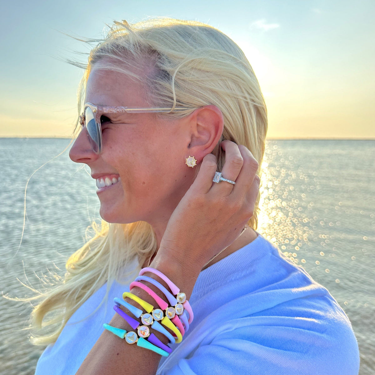 Woman wearing Nantucket Studs by Gresham Jewelry