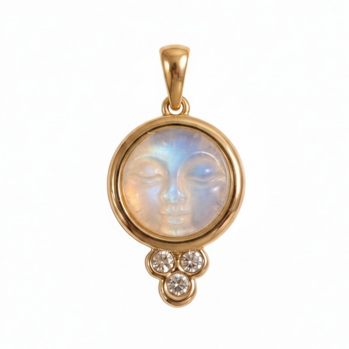 Luna moon face charm with gold edging, a gold bail, and three granules