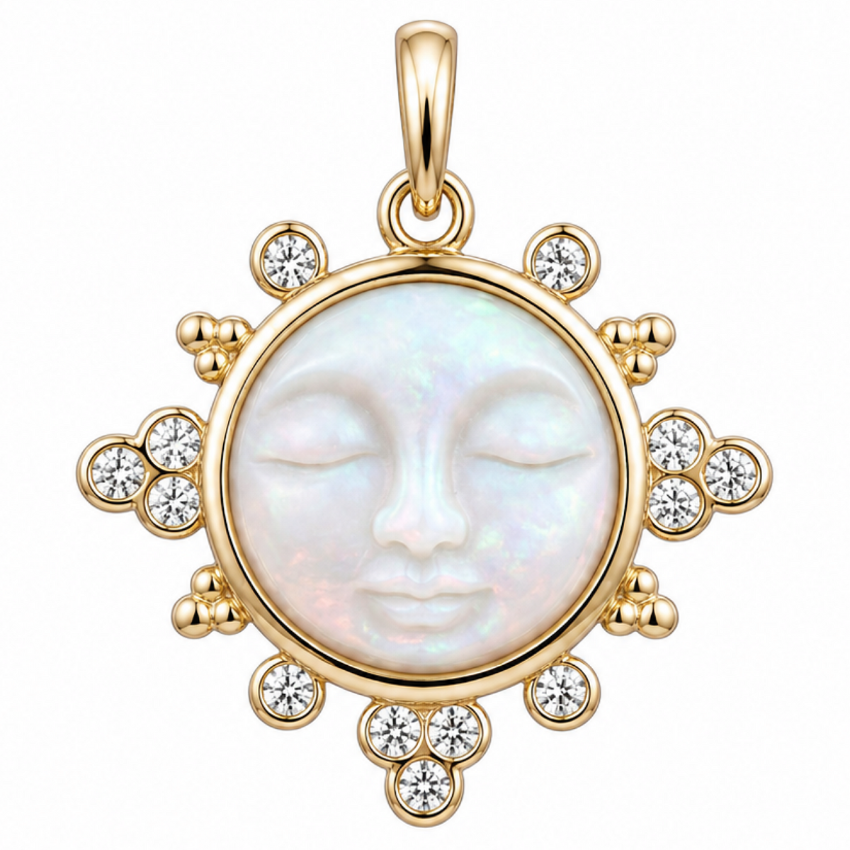 Luna man in the moon pendant framed by gold and clear stones