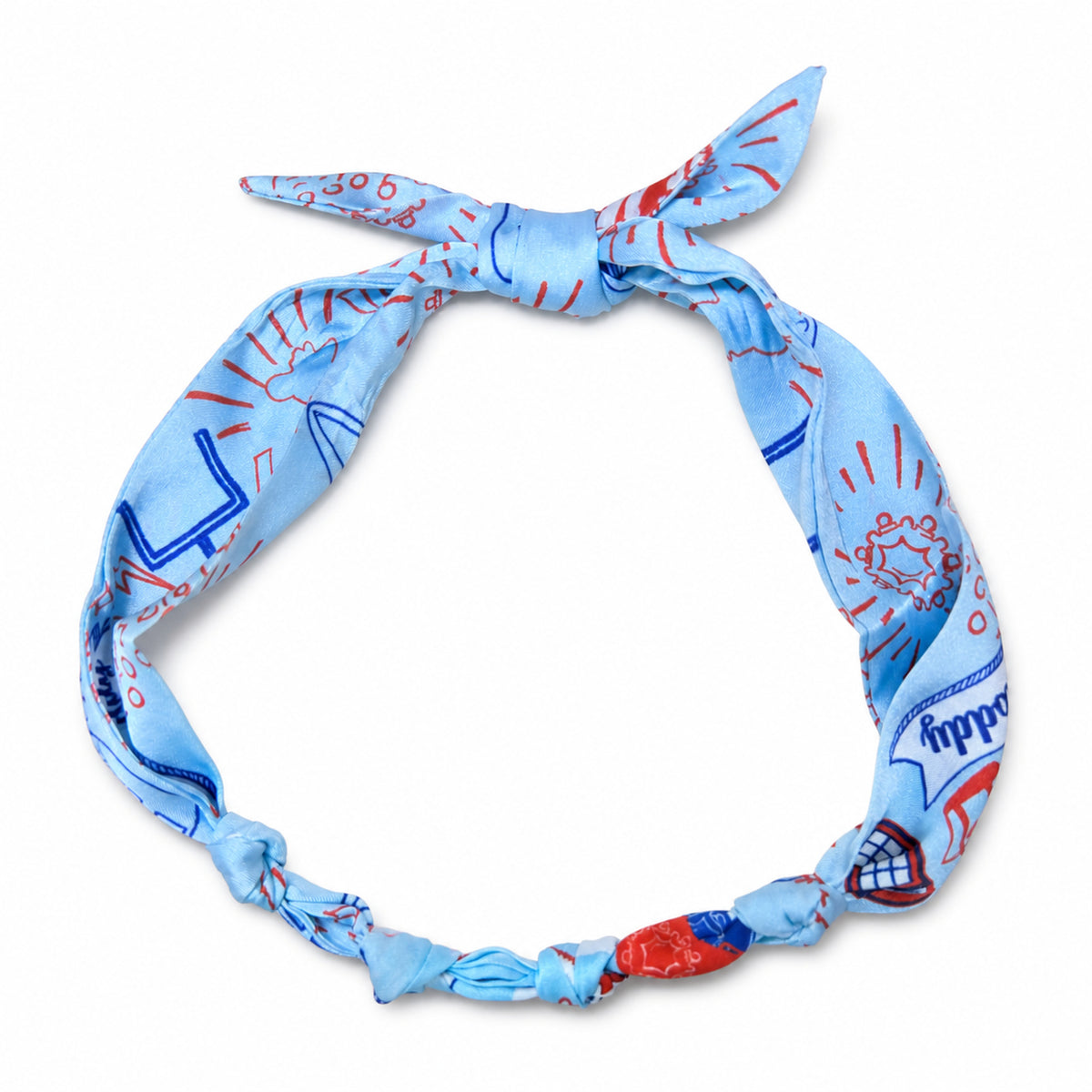 Blue Ole Miss printed scarf tied in a necklace loop