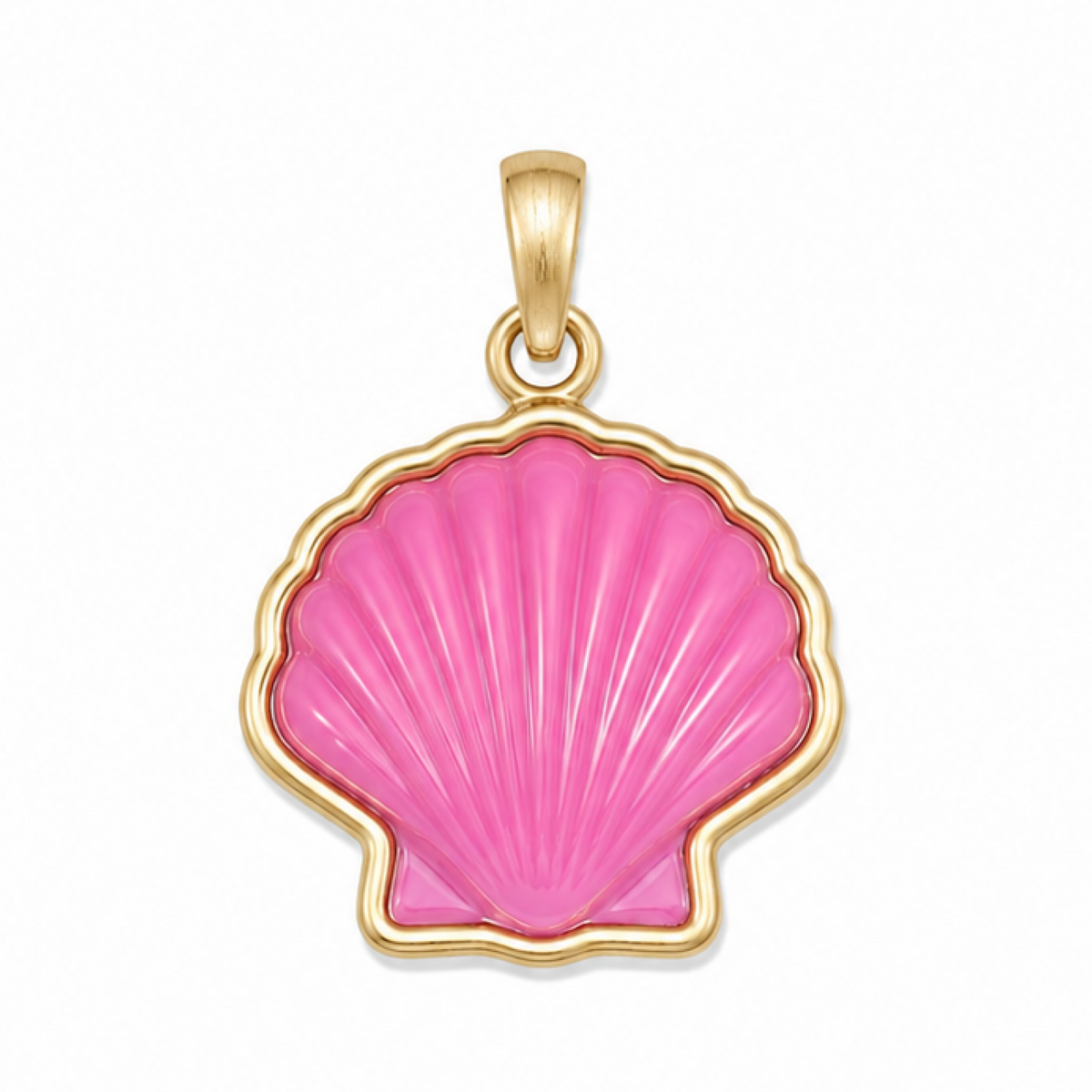 Pink Peregrina scallop shell charm with a gold border and bail