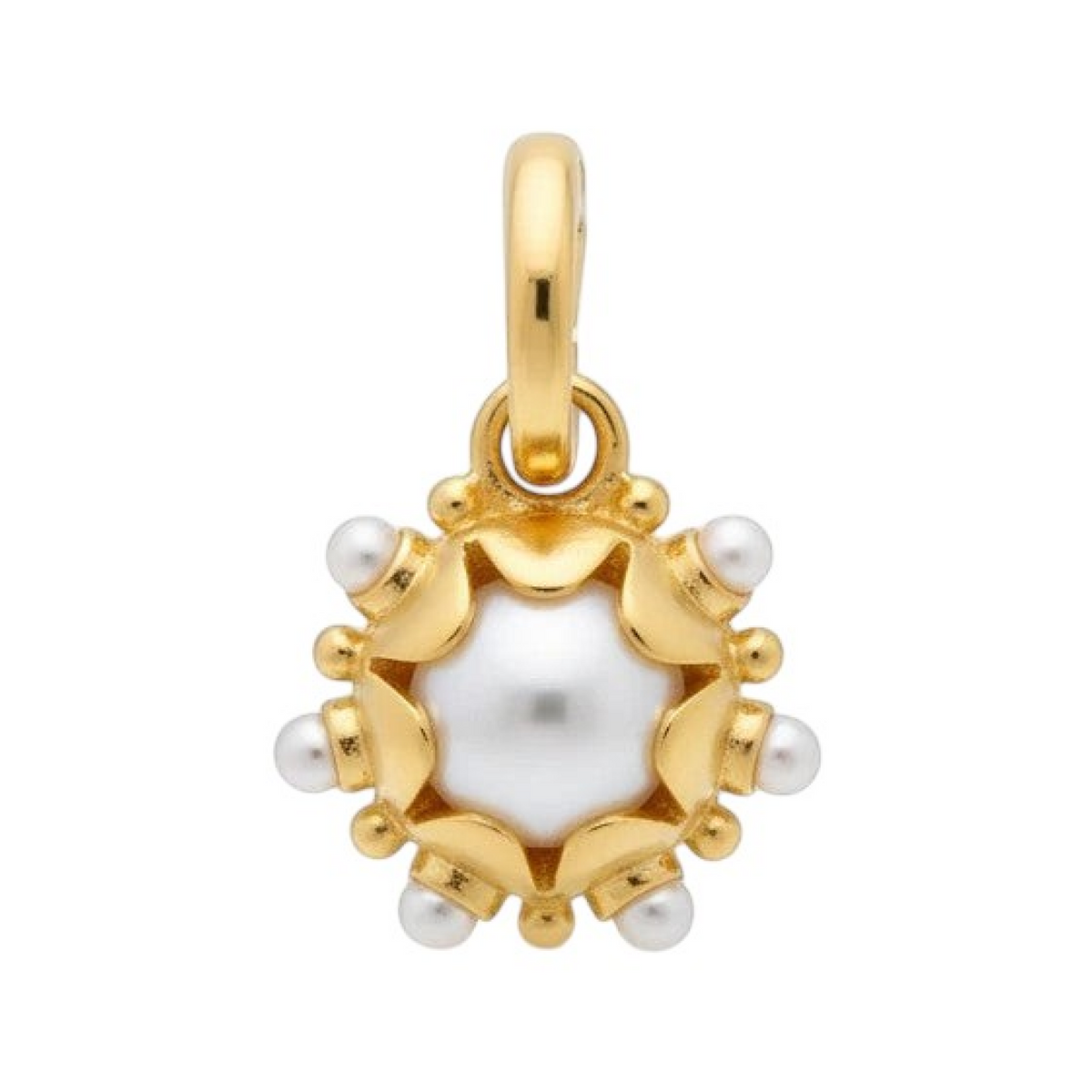 Round Perla charm with gold granules, pearl accents, and a gold bail